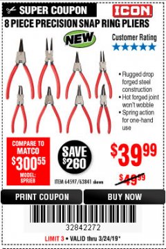 Harbor Freight Coupon ICON PRECISION SNAP RING PLIERS, 8-PIECE Lot No. 64597 Expired: 3/24/19 - $39.99