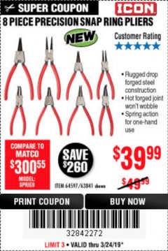 Harbor Freight Coupon 8 PIECE PRECISION SNAP RING PLIERS ICON Lot No. 64597/ 63841 Expired: 3/24/19 - $39.99