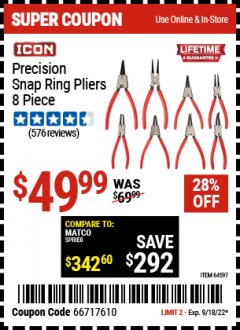 Harbor Freight Coupon ICON PRECISION SNAP RING PLIERS, 8-PIECE Lot No. 64597 Expired: 9/18/22 - $49.99