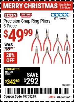 Harbor Freight Coupon ICON PRECISION SNAP RING PLIERS, 8-PIECE Lot No. 64597 Expired: 12/11/22 - $49.99