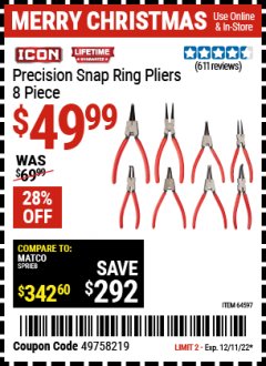 Harbor Freight Coupon 8 PIECE PRECISION SNAP RING PLIERS ICON Lot No. 64597/ 63841 Expired: 12/11/22 - $49.99