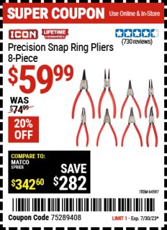 Harbor Freight Coupon 8 PIECE PRECISION SNAP RING PLIERS ICON Lot No. 64597/ 63841 Expired: 7/30/23 - $59.99