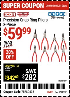 Harbor Freight Coupon ICON PRECISION SNAP RING PLIERS, 8-PIECE Lot No. 64597 Expired: 7/30/23 - $59.99