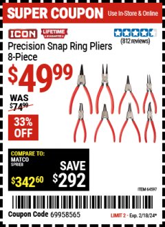 Harbor Freight Coupon 8 PIECE PRECISION SNAP RING PLIERS ICON Lot No. 64597/ 63841 Expired: 2/18/24 - $49.99
