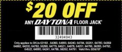 Harbor Freight Coupon $20 OFF ANY DAYTONA JACK Lot No. 63183/64360/64883/64240/64784/56261/64780/64359/64882/64200/64783/56260/64779/64521/64878/64201/64786/56263/64782/64522/64880/64241/64785/56262/64781 Expired: 3/24/19 - $0