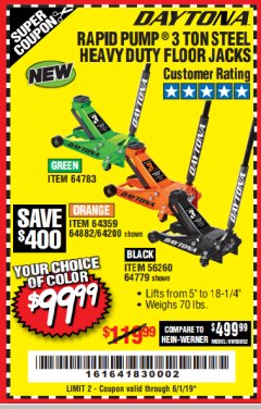 Harbor Freight Coupon DAYTONA 3 TON HEAVY DUTY FLOOR JACK Lot No. 64359/64200/64783/64882/64779/56260 Expired: 6/1/19 - $99.99