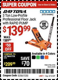Harbor Freight Coupon $20 OFF ANY DAYTONA JACK Lot No. 63183/64360/64883/64240/64784/56261/64780/64359/64882/64200/64783/56260/64779/64521/64878/64201/64786/56263/64782/64522/64880/64241/64785/56262/64781 Expired: 5/12/24 - $139.99