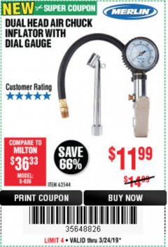 Harbor Freight Coupon DUAL HEAD AIR CHUCK INFLATOR WITH DIAL GAUGE Lot No. 63259 Expired: 3/24/19 - $11.99