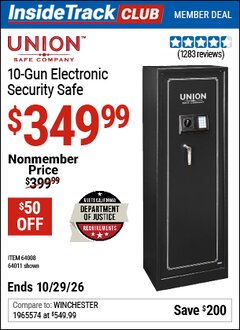 Harbor Freight ITC Coupon UNION SAFE COMPANY 10-GUN ELECTRONIC SECURITY SAFE Lot No. 64011/64008 Valid Thru: 10/29/26 - $349.99