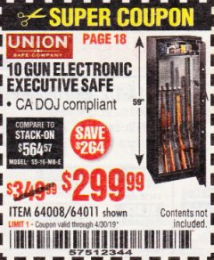 Harbor Freight Coupon UNION SAFE COMPANY 10 GUN ELECTRONIC SECURITY SAFE Lot No. 64011/64008 Expired: 4/30/19 - $299.99