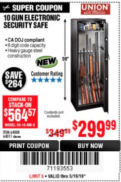 Harbor Freight Coupon 10 GUN ELECTRONIC SECURITY SAFE Lot No. 64008/64011 Expired: 5/19/19 - $299.99