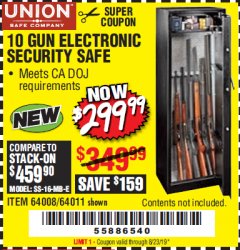 Harbor Freight Coupon UNION SAFE COMPANY 10 GUN ELECTRONIC SECURITY SAFE Lot No. 64011/64008 Expired: 8/23/19 - $50