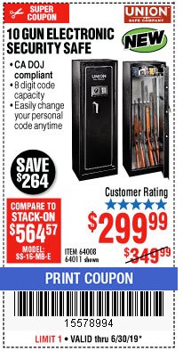 Harbor Freight Coupon UNION SAFE COMPANY 10 GUN ELECTRONIC SECURITY SAFE Lot No. 64011/64008 Expired: 6/30/19 - $299.99