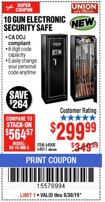 Harbor Freight Coupon 10 GUN ELECTRONIC SECURITY SAFE Lot No. 64008/64011 Expired: 6/30/19 - $299.99