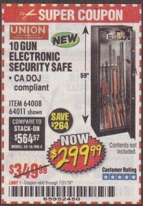 Harbor Freight Coupon UNION SAFE COMPANY 10 GUN ELECTRONIC SECURITY SAFE Lot No. 64011/64008 Expired: 7/31/19 - $299.99