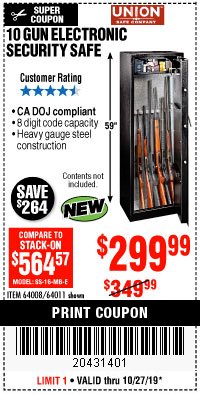 Harbor Freight Coupon UNION SAFE COMPANY 10 GUN ELECTRONIC SECURITY SAFE Lot No. 64011/64008 Expired: 10/27/19 - $299.99