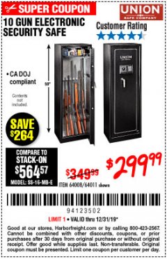 Harbor Freight Coupon UNION SAFE COMPANY 10 GUN ELECTRONIC SECURITY SAFE Lot No. 64011/64008 Expired: 12/31/19 - $299.99