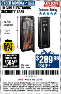 Harbor Freight Coupon UNION SAFE COMPANY 10 GUN ELECTRONIC SECURITY SAFE Lot No. 64011/64008 Expired: 12/2/19 - $289.99