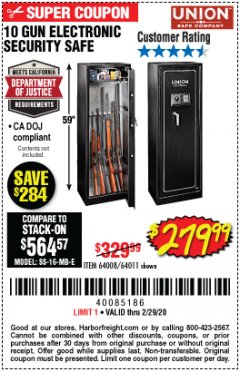 Harbor Freight Coupon 10 GUN ELECTRONIC SECURITY SAFE Lot No. 64008/64011 Expired: 2/29/20 - $279.99