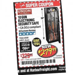 Harbor Freight Coupon UNION SAFE COMPANY 10 GUN ELECTRONIC SECURITY SAFE Lot No. 64011/64008 Expired: 2/29/20 - $279.99