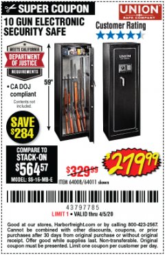 Harbor Freight Coupon UNION SAFE COMPANY 10 GUN ELECTRONIC SECURITY SAFE Lot No. 64011/64008 Expired: 6/30/20 - $279.99