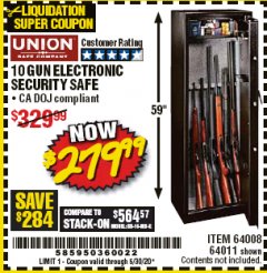 Harbor Freight Coupon UNION SAFE COMPANY 10 GUN ELECTRONIC SECURITY SAFE Lot No. 64011/64008 Expired: 6/30/20 - $279.99