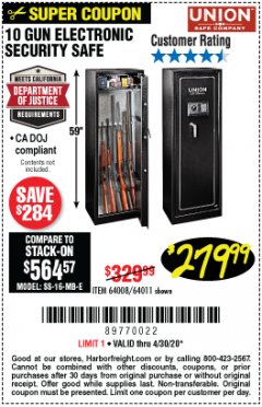 Harbor Freight Coupon UNION SAFE COMPANY 10 GUN ELECTRONIC SECURITY SAFE Lot No. 64011/64008 Expired: 6/30/20 - $279.99