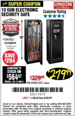 Harbor Freight Coupon UNION SAFE COMPANY 10 GUN ELECTRONIC SECURITY SAFE Lot No. 64011/64008 Expired: 6/30/20 - $279.99
