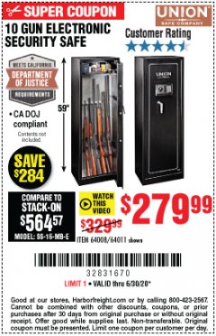 Harbor Freight Coupon UNION SAFE COMPANY 10 GUN ELECTRONIC SECURITY SAFE Lot No. 64011/64008 Expired: 6/30/20 - $279.99