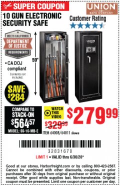 Harbor Freight Coupon 10 GUN ELECTRONIC SECURITY SAFE Lot No. 64008/64011 Expired: 6/30/20 - $279.99