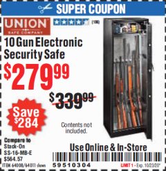 Harbor Freight Coupon UNION SAFE COMPANY 10 GUN ELECTRONIC SECURITY SAFE Lot No. 64011/64008 Expired: 10/23/20 - $279.99