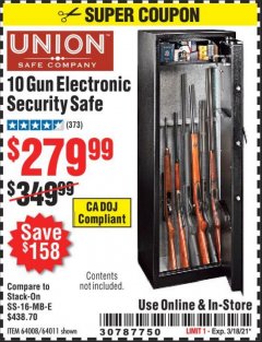 Harbor Freight Coupon UNION SAFE COMPANY 10 GUN ELECTRONIC SECURITY SAFE Lot No. 64011/64008 Expired: 3/18/21 - $279.99