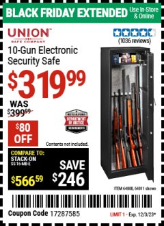 Harbor Freight Coupon 10 GUN ELECTRONIC SECURITY SAFE Lot No. 64008/64011 Expired: 12/3/23 - $319.99