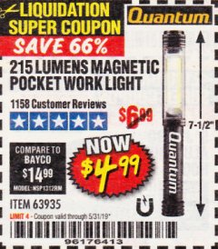 Harbor Freight Coupon 215 LUMENS POCKET WORK LIGHT Lot No. 63935 Expired: 5/31/19 - $4.99