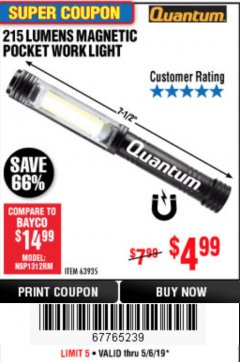 Harbor Freight Coupon 215 LUMENS POCKET WORK LIGHT Lot No. 63935 Expired: 5/6/19 - $4.99