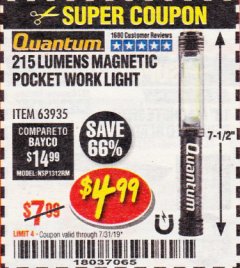 Harbor Freight Coupon 215 LUMENS POCKET WORK LIGHT Lot No. 63935 Expired: 7/31/19 - $4.99