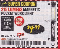 Harbor Freight Coupon 215 LUMENS POCKET WORK LIGHT Lot No. 63935 Expired: 8/31/19 - $4.99
