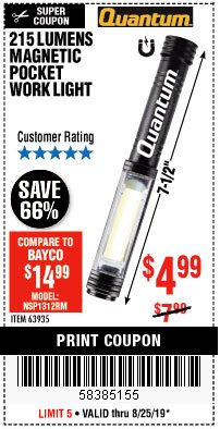 Harbor Freight Coupon 215 LUMENS POCKET WORK LIGHT Lot No. 63935 Expired: 8/25/19 - $4.99