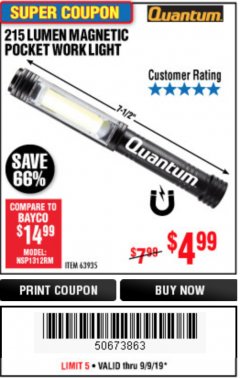 Harbor Freight Coupon 215 LUMENS POCKET WORK LIGHT Lot No. 63935 Expired: 9/9/19 - $4.99