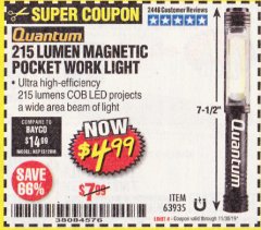 Harbor Freight Coupon 215 LUMENS POCKET WORK LIGHT Lot No. 63935 Expired: 11/30/19 - $4.99