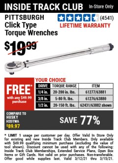 Harbor Freight FREE Coupon CLICK-TYPE TORQUE WRENCHES Lot No. 61277/63881/2696/61276/63880/807/62431/63882/239 Expired: 3/15/21 - FWP