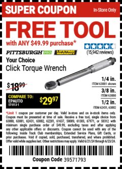 Harbor Freight FREE Coupon PITTSBURGH CLICK TORQUE WRENCH Lot No. 63882/63880/63881 Expired: 6/23/24 - FWP