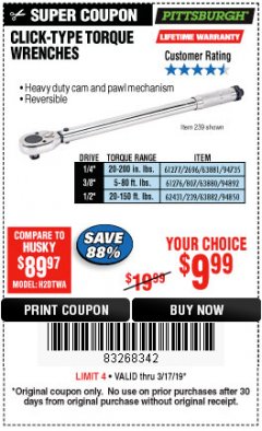 Harbor Freight Coupon CLICK-TYPE TORQUE WRENCHES Lot No. 61277/63881/2696/61276/63880/807/62431/63882/239 Expired: 3/17/19 - $9.99