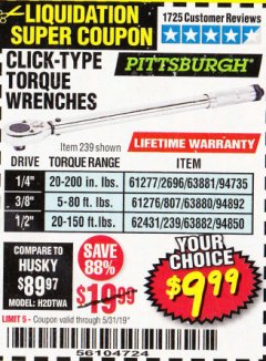 Harbor Freight Coupon CLICK-TYPE TORQUE WRENCHES Lot No. 61277/63881/2696/61276/63880/807/62431/63882/239 Expired: 5/31/19 - $9.99