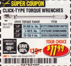 Harbor Freight Coupon CLICK-TYPE TORQUE WRENCHES Lot No. 61277/63881/2696/61276/63880/807/62431/63882/239 Expired: 6/30/19 - $11.99