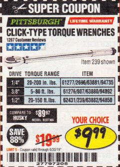Harbor Freight Coupon CLICK-TYPE TORQUE WRENCHES Lot No. 61277/63881/2696/61276/63880/807/62431/63882/239 Expired: 6/30/19 - $9.99