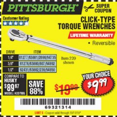 Harbor Freight Coupon CLICK-TYPE TORQUE WRENCHES Lot No. 61277/63881/2696/61276/63880/807/62431/63882/239 Expired: 10/11/19 - $9.99
