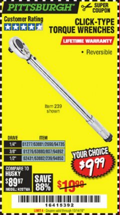 Harbor Freight Coupon PITTSBURGH CLICK TORQUE WRENCH Lot No. 63882/63880/63881 Expired: 10/14/19 - $9.99