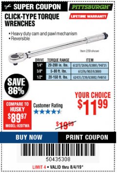 Harbor Freight Coupon PITTSBURGH CLICK TORQUE WRENCH Lot No. 63882/63880/63881 Expired: 8/4/19 - $11.99