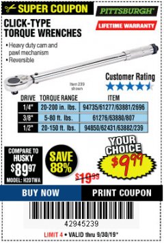 Harbor Freight Coupon CLICK-TYPE TORQUE WRENCHES Lot No. 61277/63881/2696/61276/63880/807/62431/63882/239 Expired: 9/30/19 - $9.99